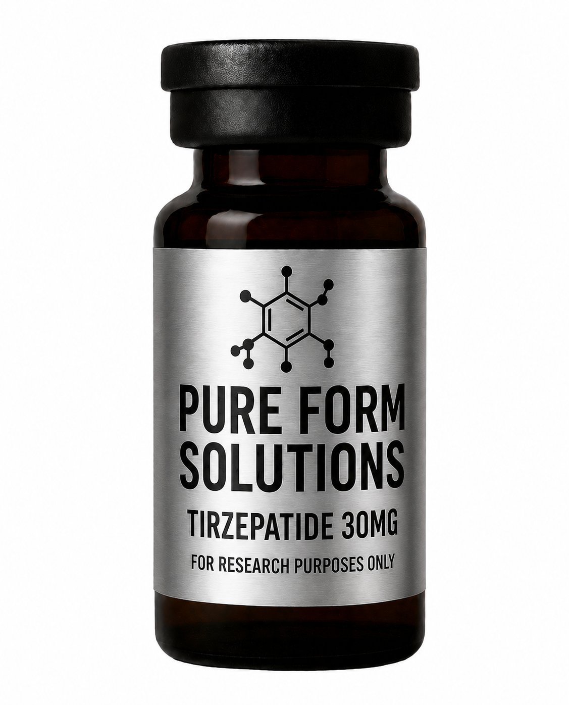 Dark brown glass bottle labeled Pure Form Solutions Tirzepatide 30MG with molecular structure icon, for research purposes only