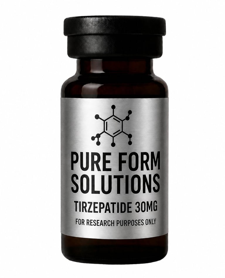 Dark brown glass bottle labeled Pure Form Solutions Tirzepatide 40MG with molecular structure icon, for research purposes only