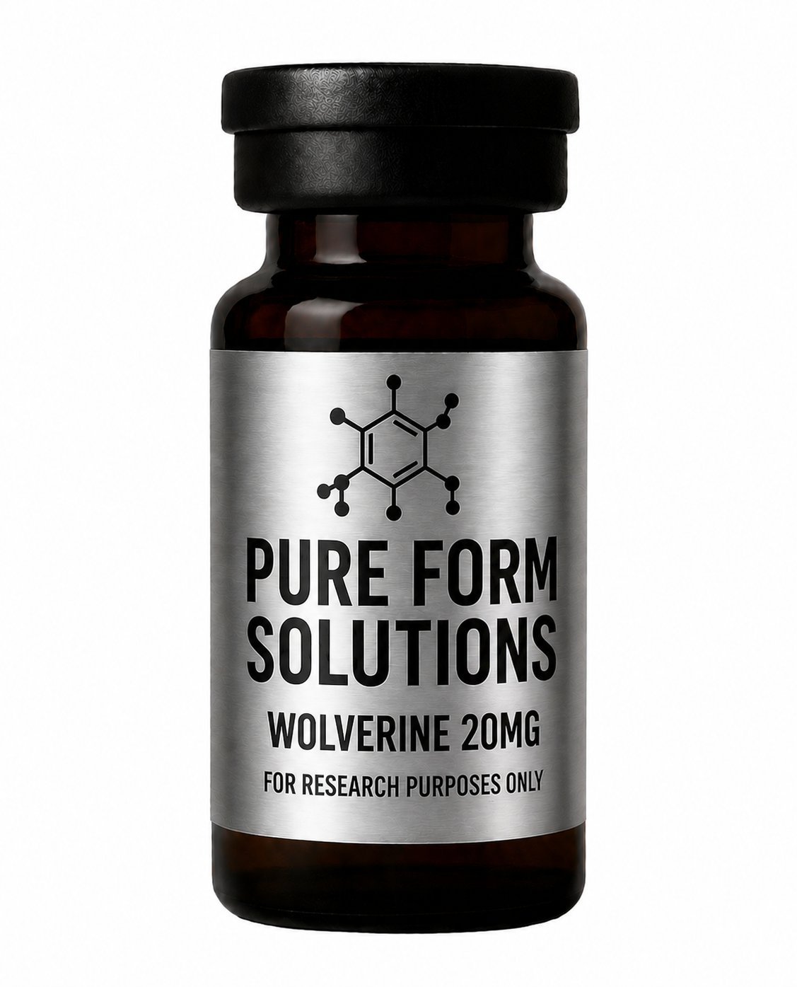 Dark amber glass bottle labeled Pure Form Solutions Wolverine 20MG for research purposes only with black cap
