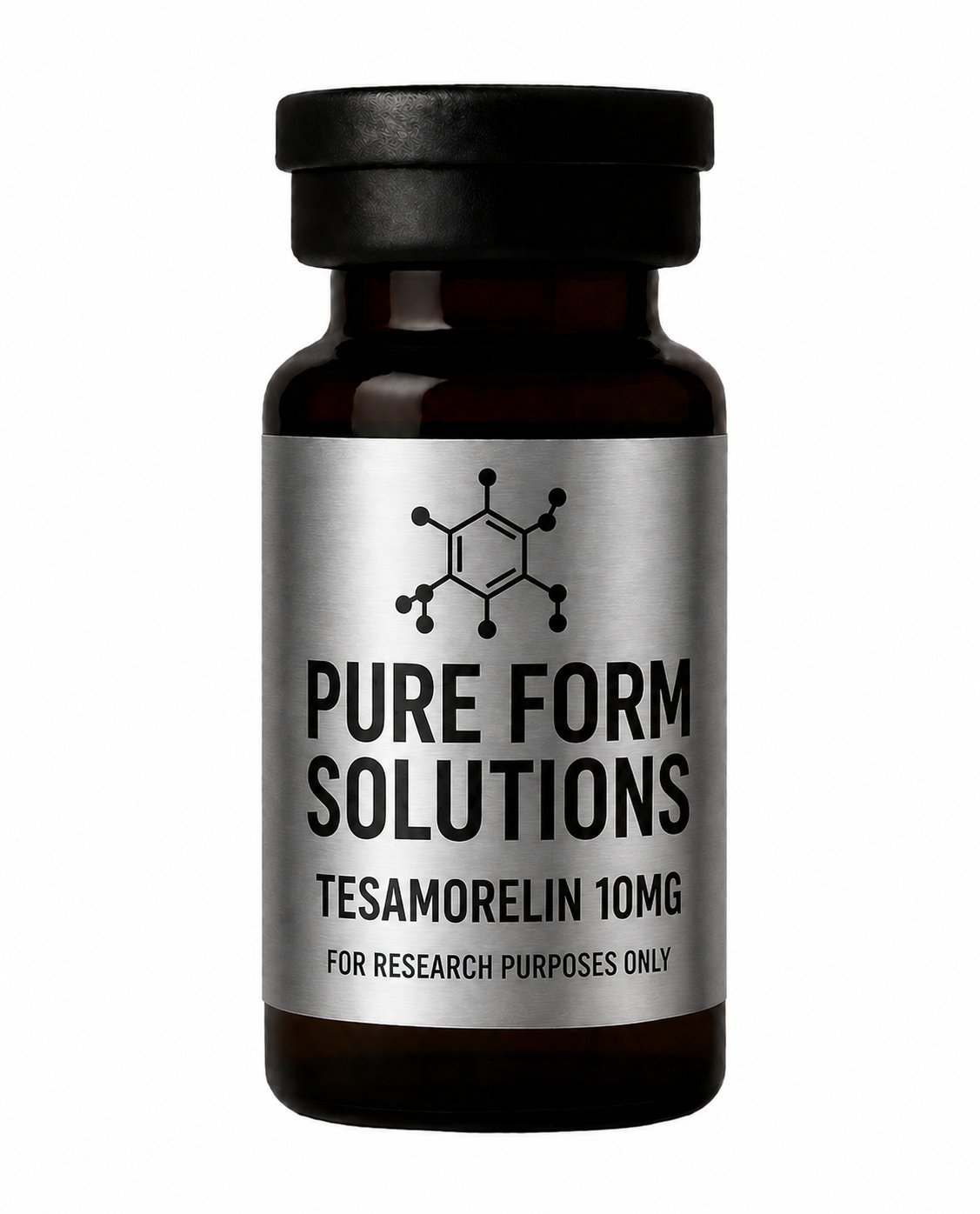 Dark glass bottle labeled Pure Form Solutions Tesamorelin 10mg with molecular structure graphic, for research purposes only