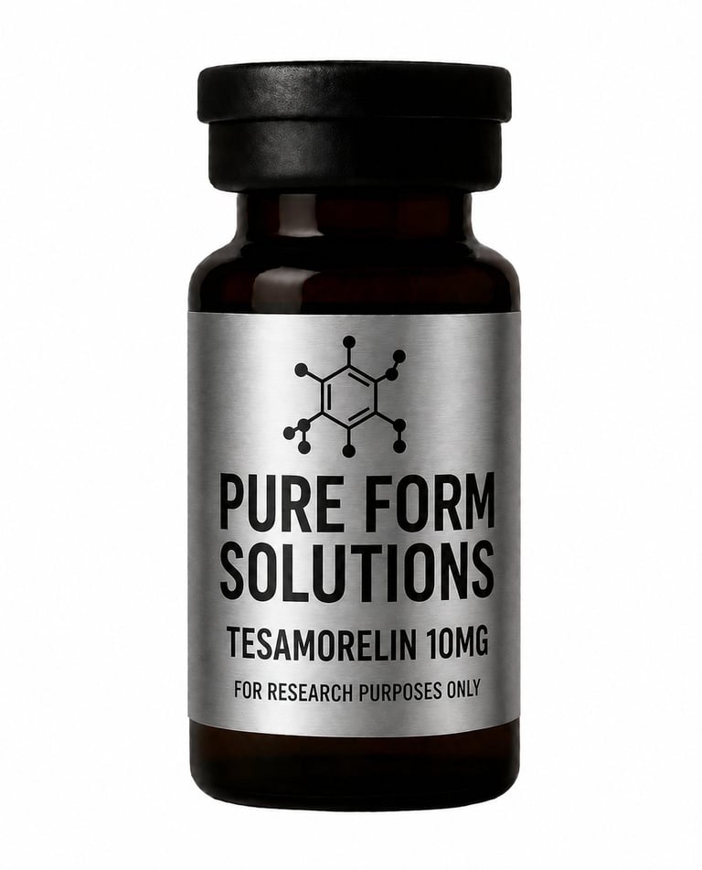 Dark glass bottle labeled Pure Form Solutions Tesamorelin 10mg with molecular structure graphic, for research purposes only