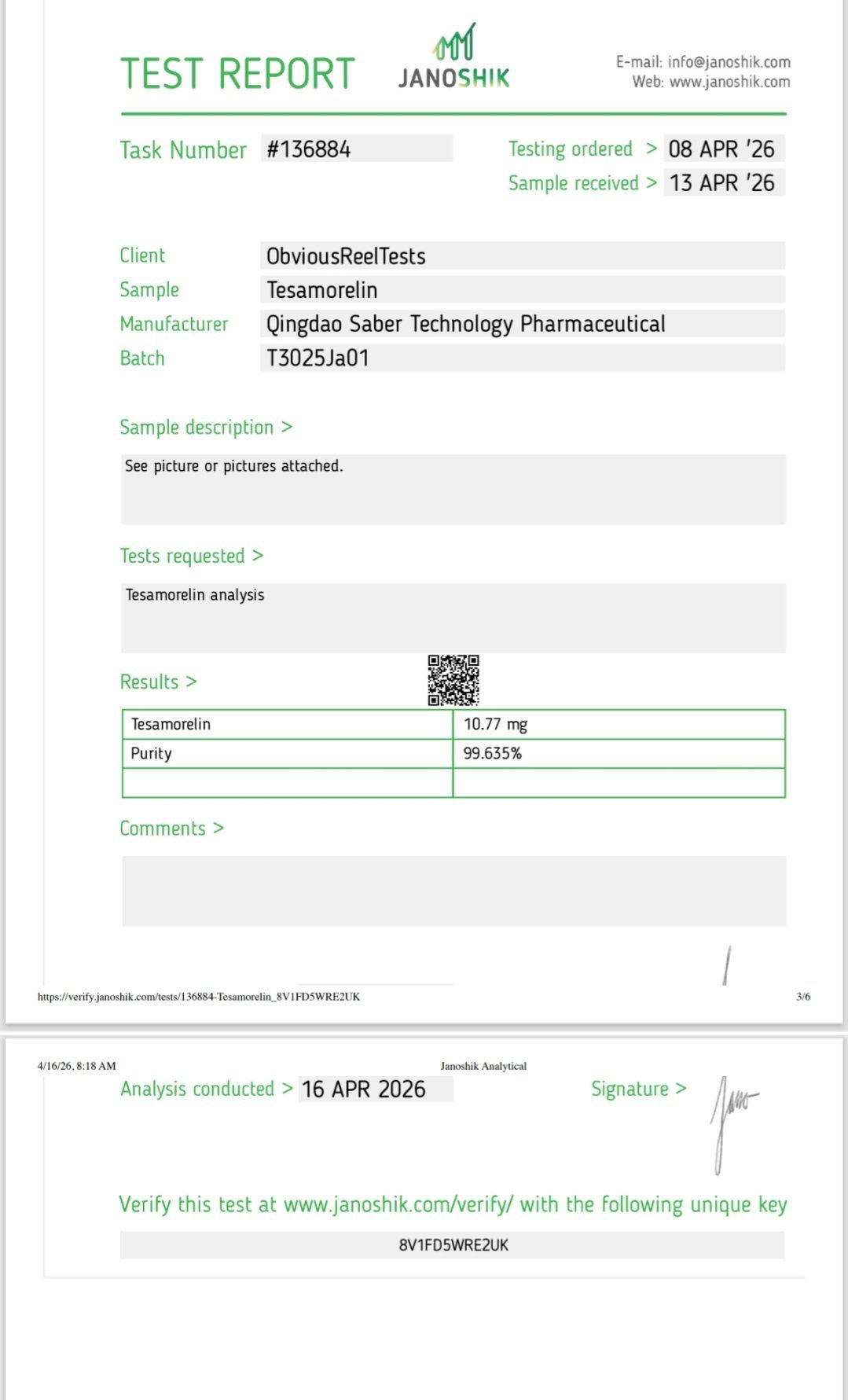 Laboratory test report from Janoshik showing Tesamorelin analysis results with 10.77 mg purity of 99.635%