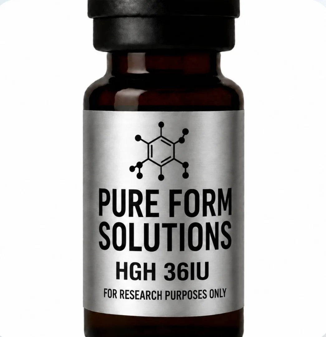 Dark glass vial labeled Pure Form Solutions HGH 36IU for research purposes only