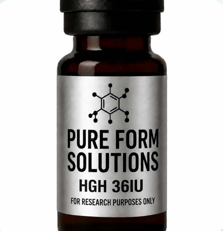 Dark glass vial labeled Pure Form Solutions HGH 36IU for research purposes only