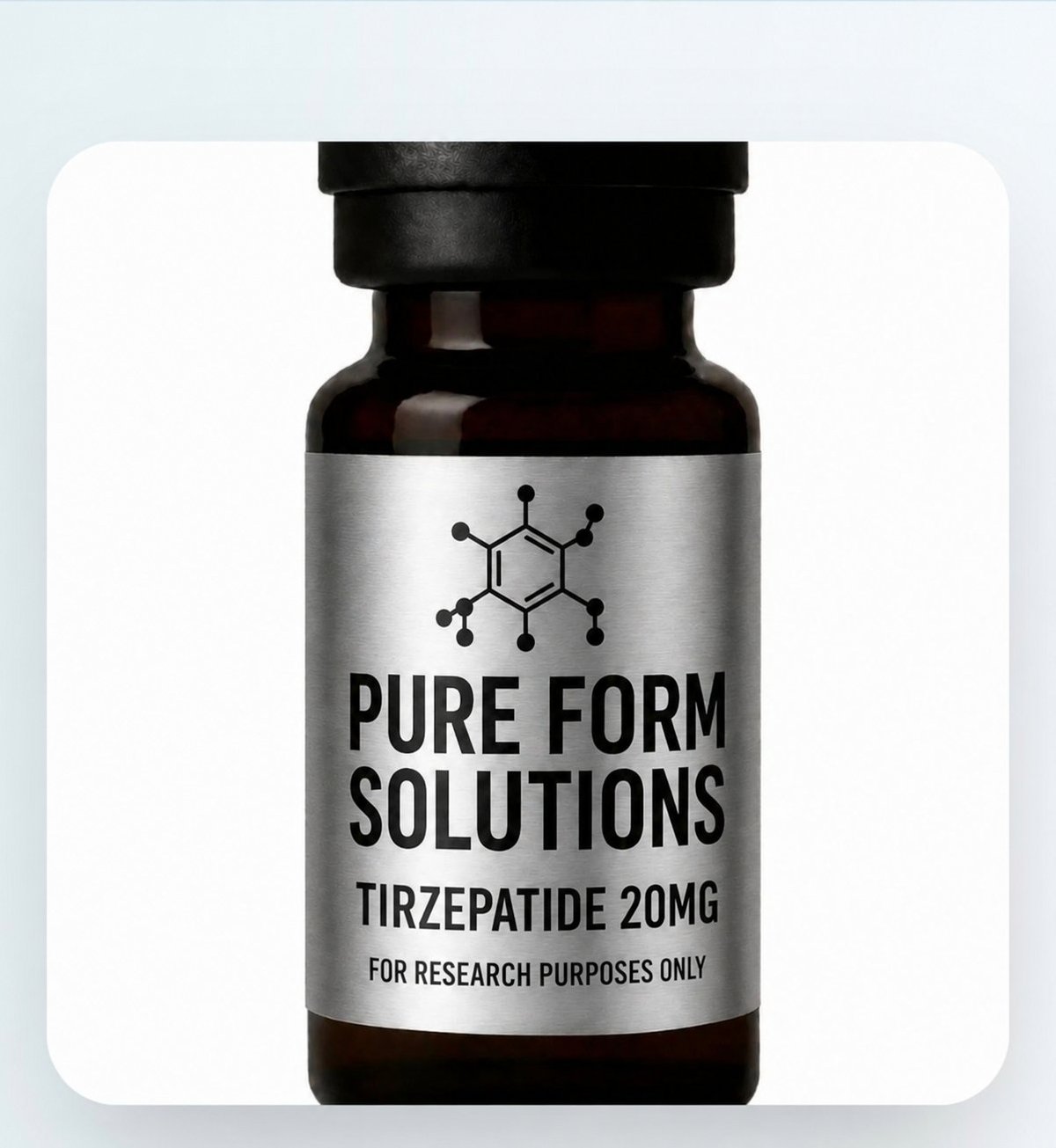 Dark glass bottle labeled Pure Form Solutions Tirzepatide 20MG for research purposes only, with molecular structure logo on silver label