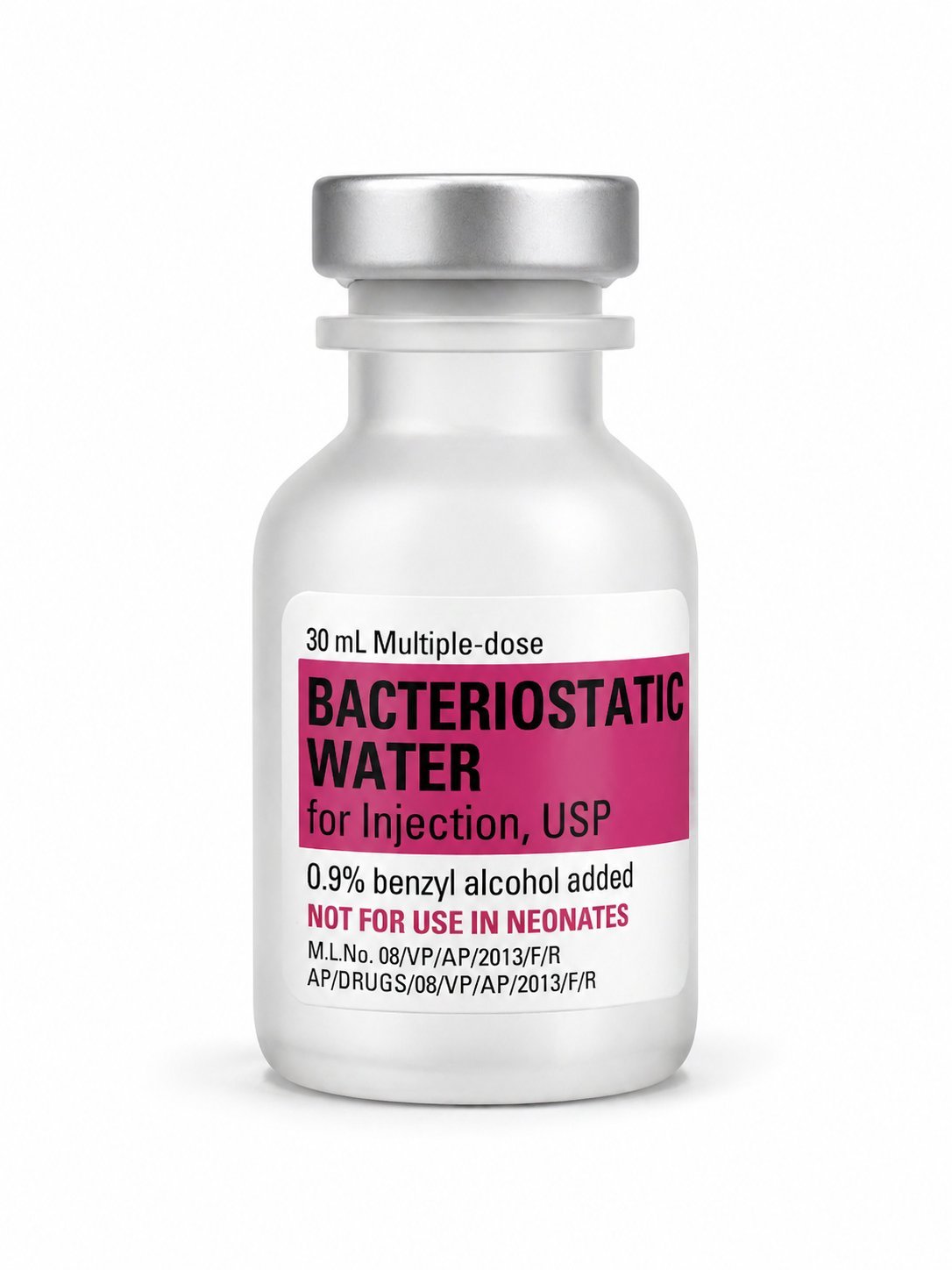 Medical vial labeled Bacteriostatic Water for Injection, 30mL multiple-dose bottle with metal cap and pink label