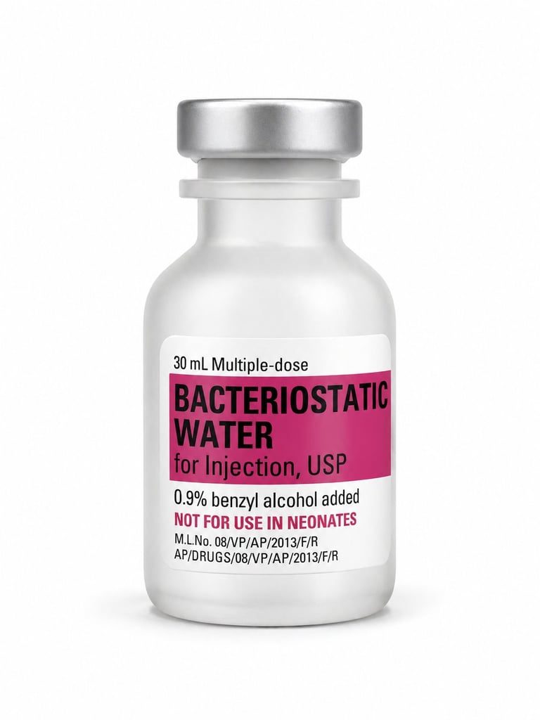 Medical vial labeled Bacteriostatic Water for Injection, 30mL multiple-dose bottle with metal cap and pink label