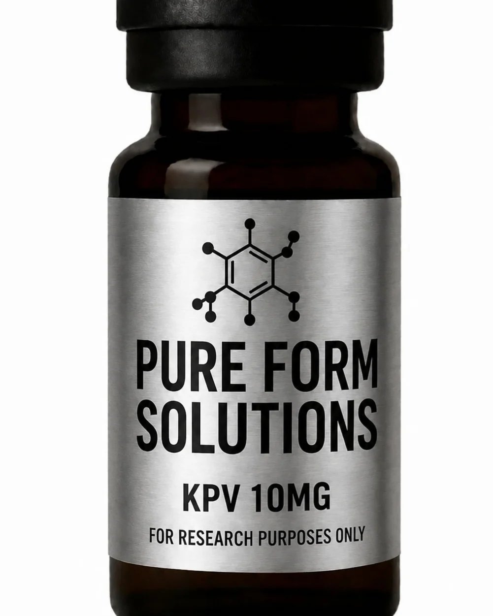 Dark glass bottle with silver label reading Pure Form Solutions KPV 10MG For Research Purposes Only with molecular structure icon