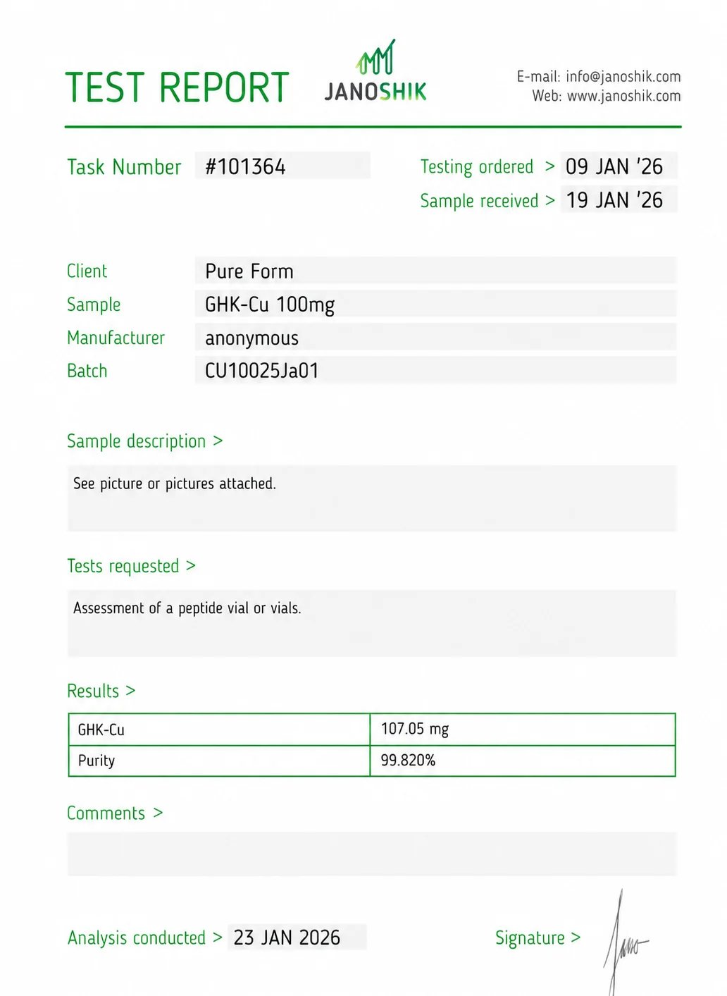 Test report from Janoshik for GHK-Cu 100mg sample showing purity of 99.82% and GHK-Cu content of 107.05 mg
