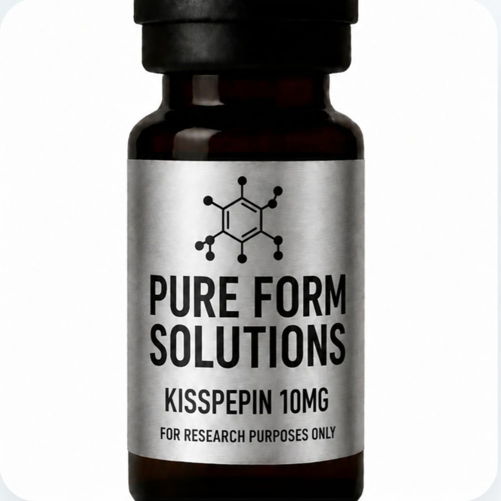 Dark glass bottle with silver label reading Pure Form Solutions Kisspeptin 10mg for research purposes only