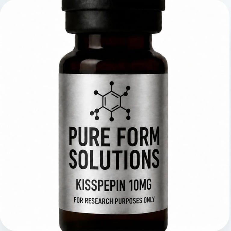 Dark glass bottle with silver label reading Pure Form Solutions Kisspepin 10mg for research purposes only