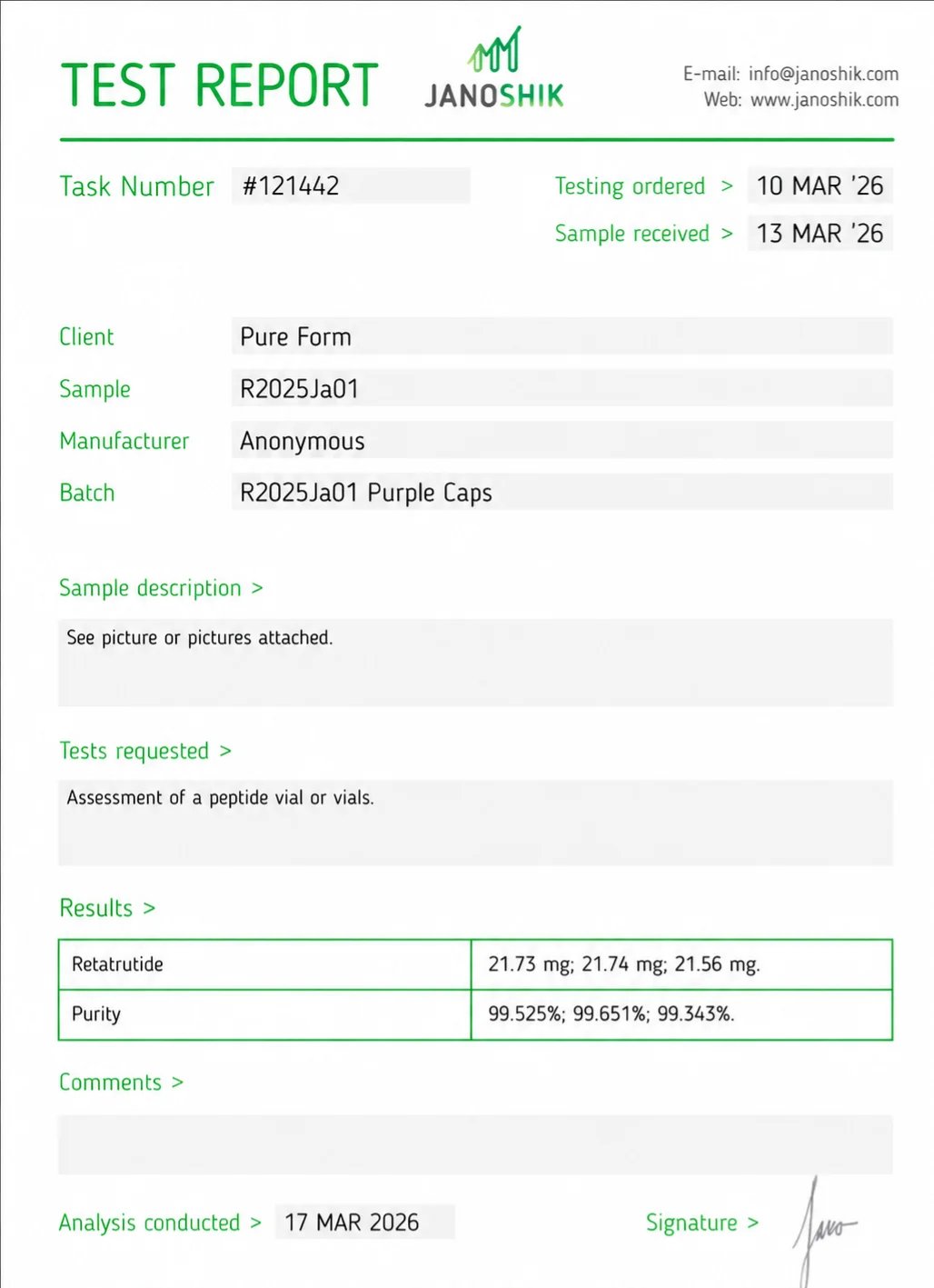 Test report from Janoshik for sample R2025Ja01 showing purity and retraside test results dated March 2026