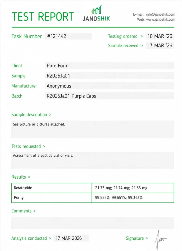 Test report from Janoshik for sample R2025Ja01 showing purity and retraside test results dated March 2026