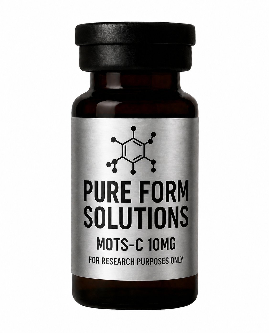 Dark amber glass bottle with black cap labeled Pure Form Solutions MOTS-C 10mg for research purposes only