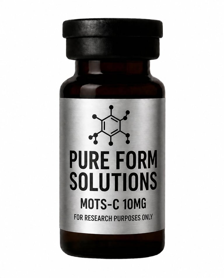 Dark amber glass bottle with black cap labeled Pure Form Solutions MOTS-C 10mg for research purposes only