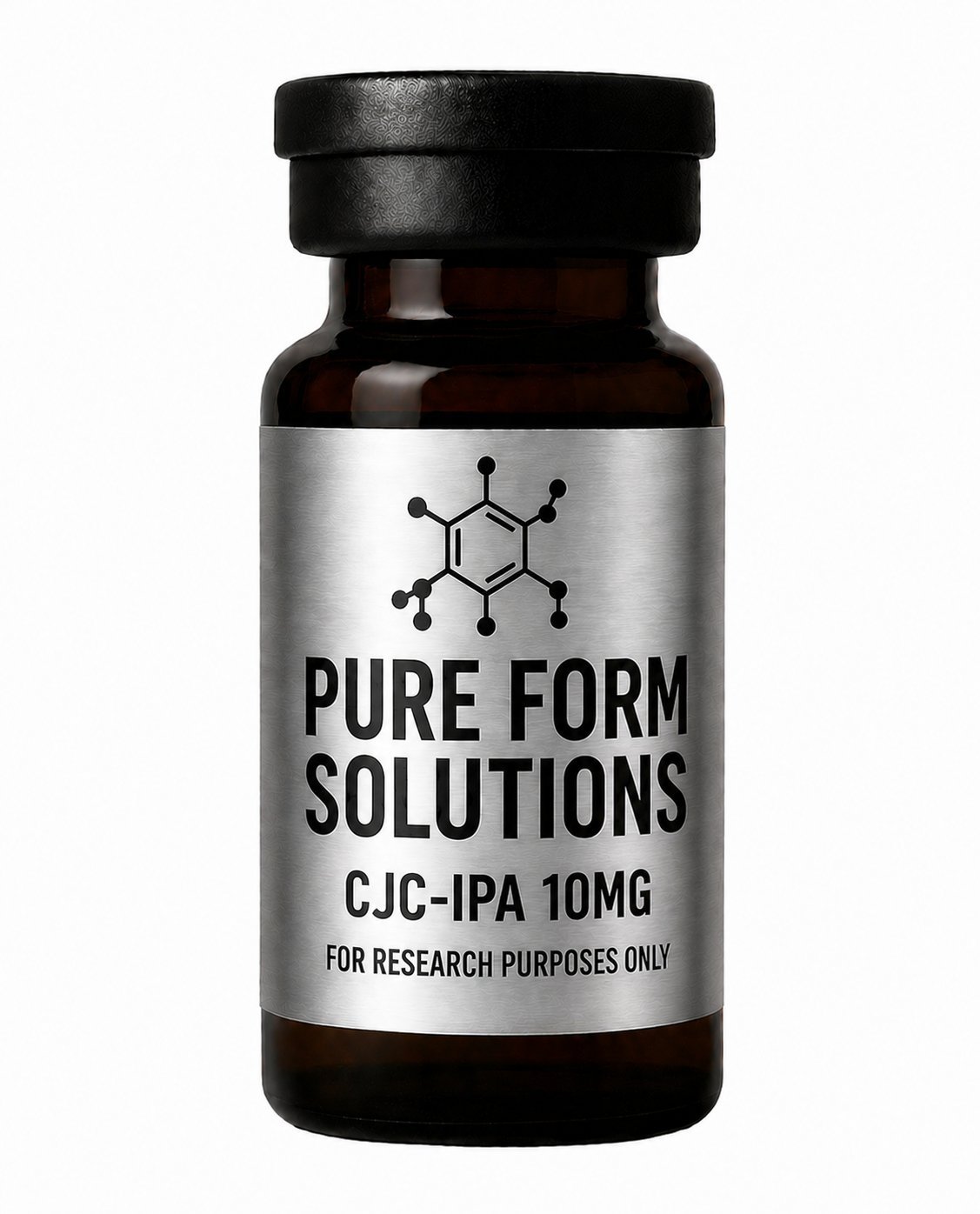 Dark amber glass bottle with black cap labeled Pure Form Solutions CJC-IPA 10mg for research purposes only