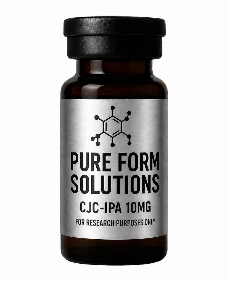 Dark amber glass bottle with black cap labeled Pure Form Solutions CJC-IPA 10mg for research purposes only