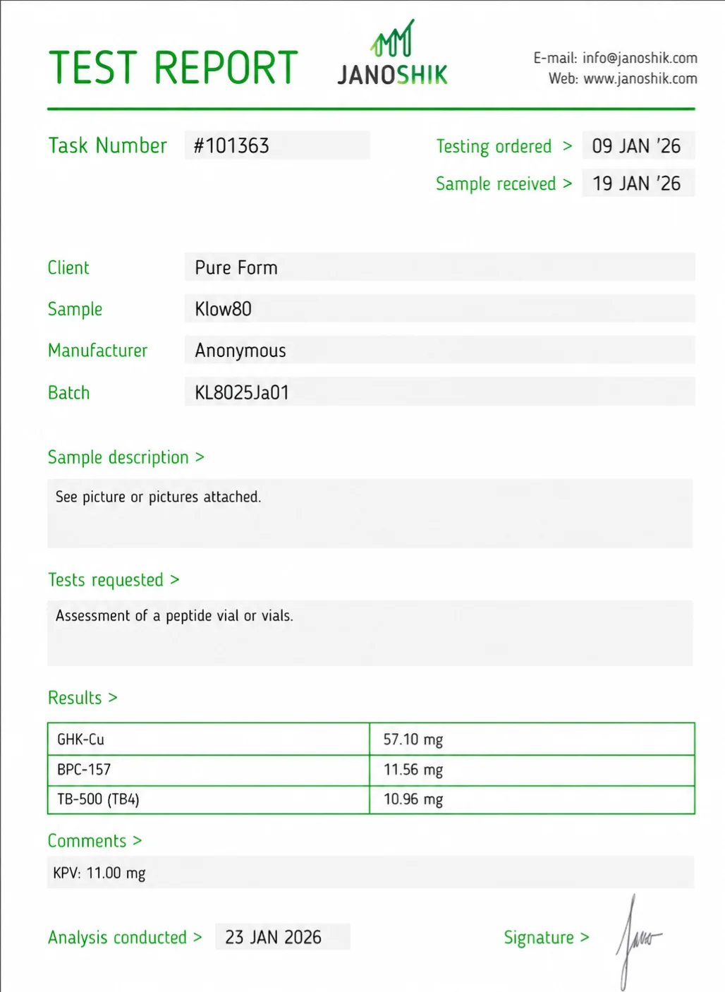 Test report from Janoshik laboratory showing chemical analysis results for sample Klow80 with GHK-Cu, BPC-157, and TB-500 measurements