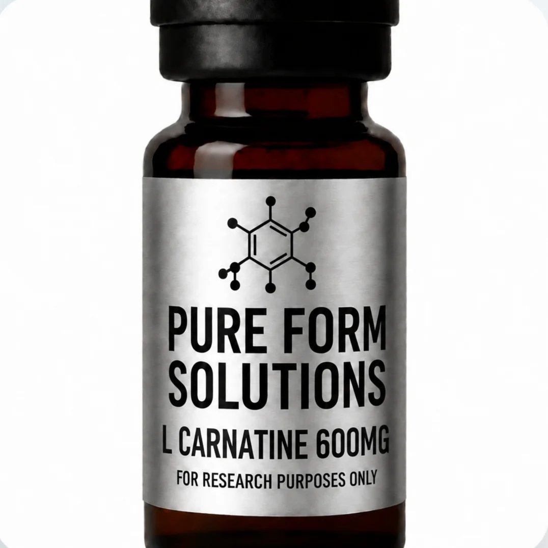 Brown glass bottle of Pure Form Solutions L-Carnitine 600mg labeled for research purposes only