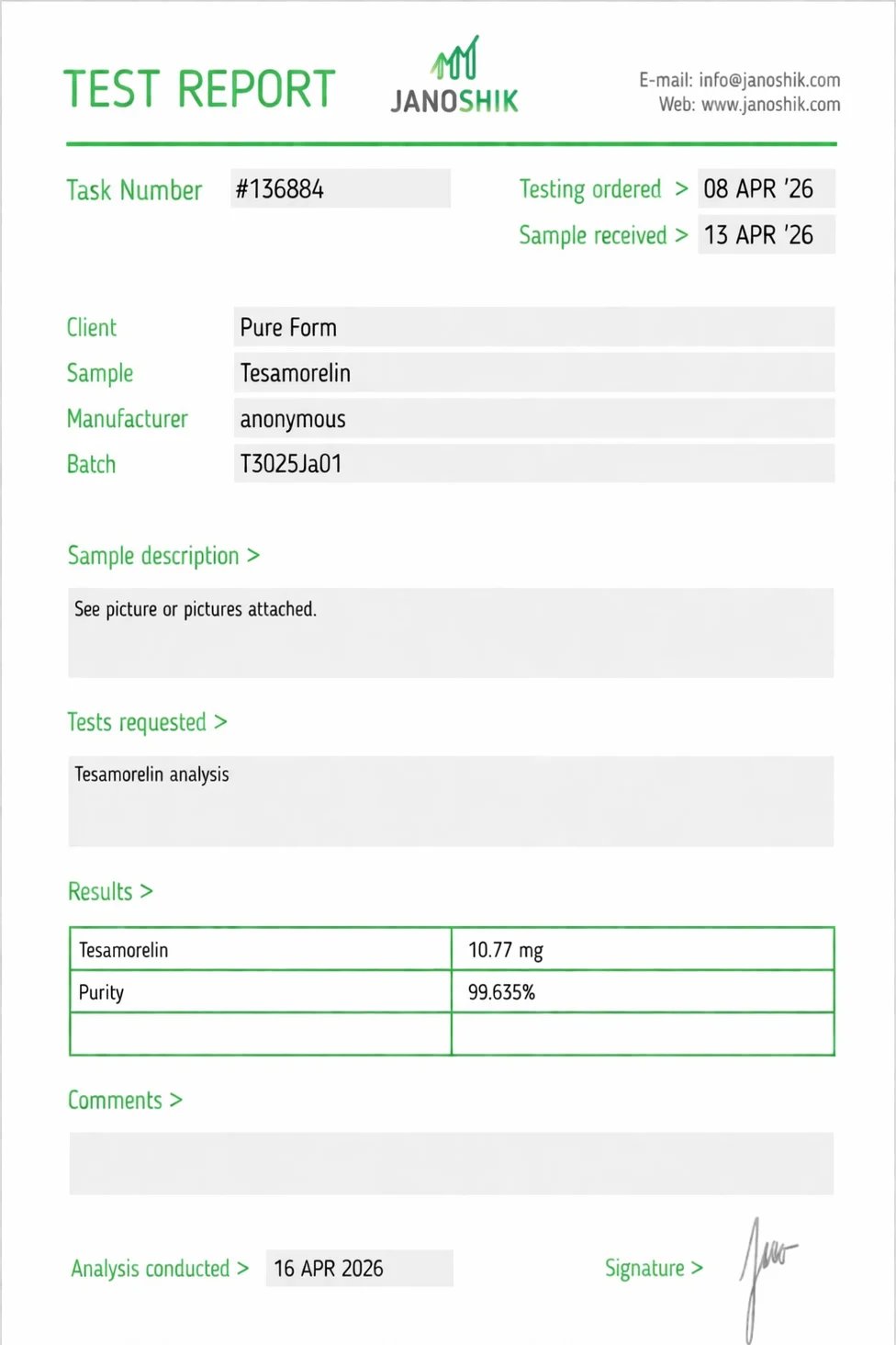 Janoshik test report for Tesamorelin sample showing 10.77 mg content and 99.635% purity, dated April 16 2026