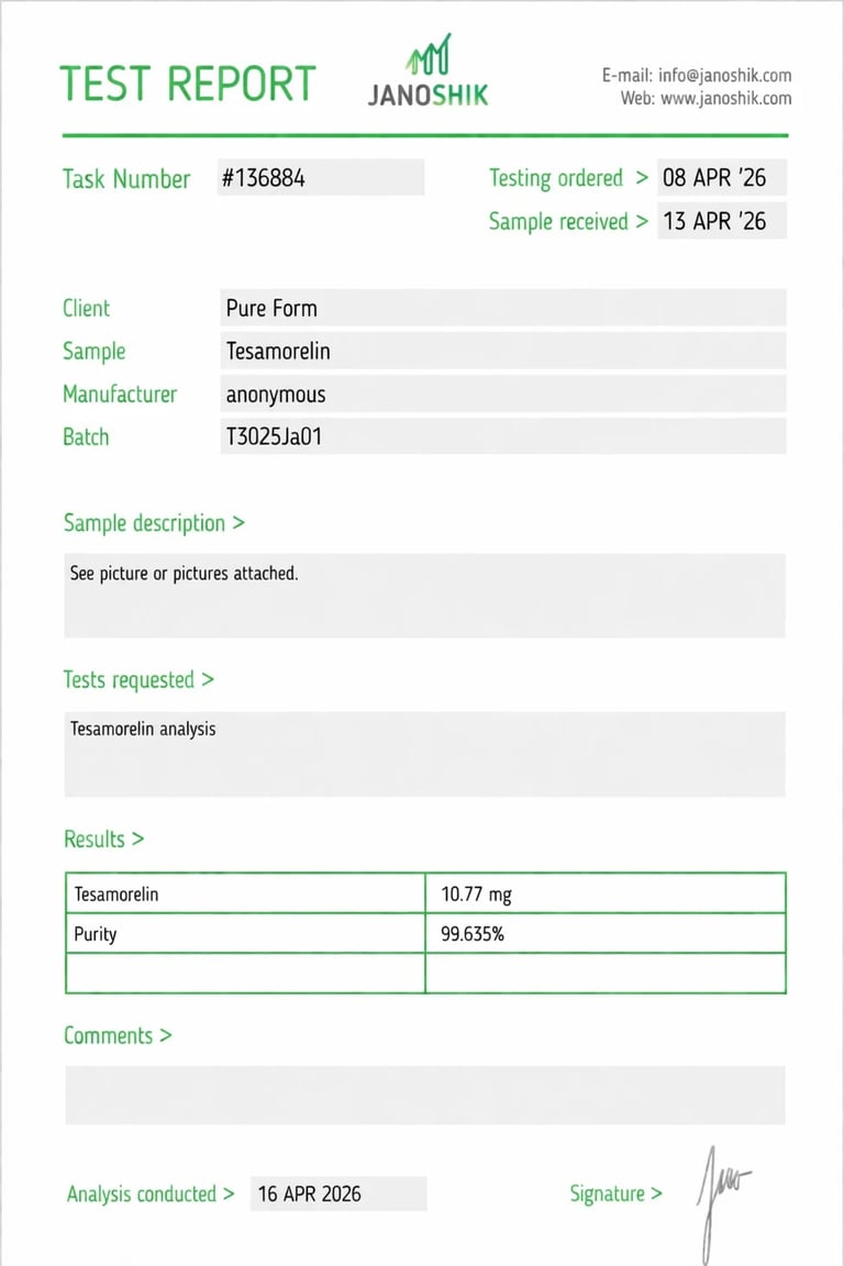 Janoshik test report for Tesamorelin sample showing 10.77 mg content and 99.635% purity, dated April 16 2026