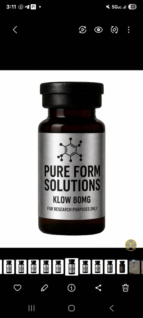 Dark glass bottle with silver label reading Pure Form Solutions Klow 80mg, labeled for research purposes only