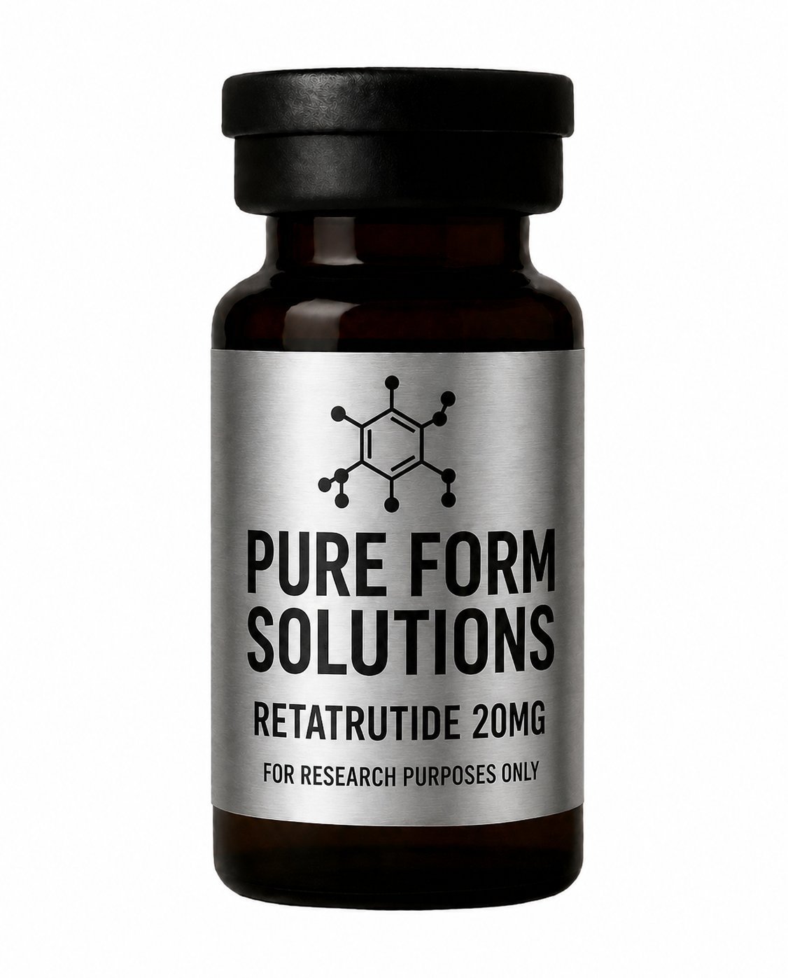 Dark amber glass bottle with black cap labeled Pure Form Solutions Retatrutide 20MG for research purposes only