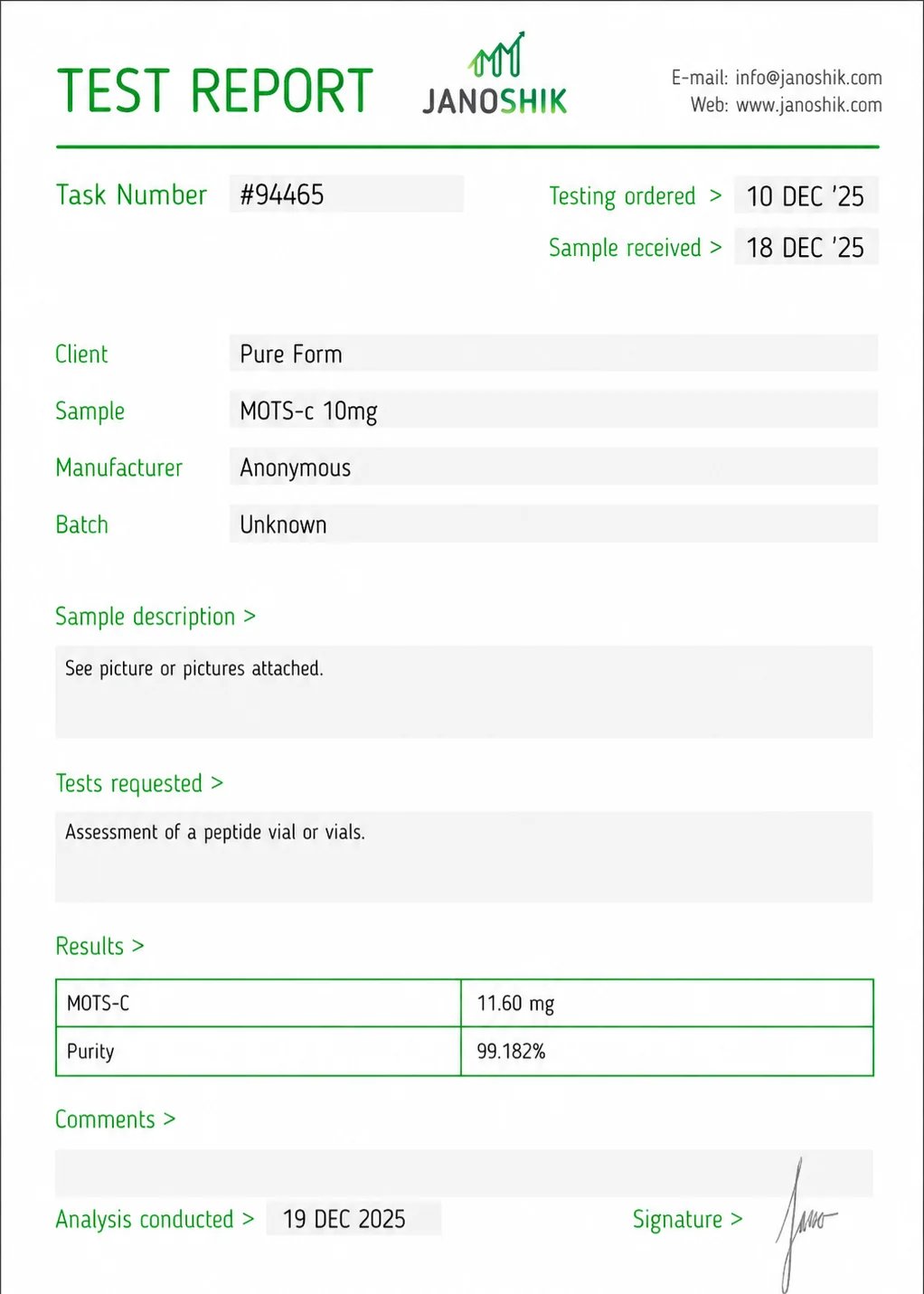 Laboratory analysis certificate for CJC-1295 + Ipamorelin from Janoshik
