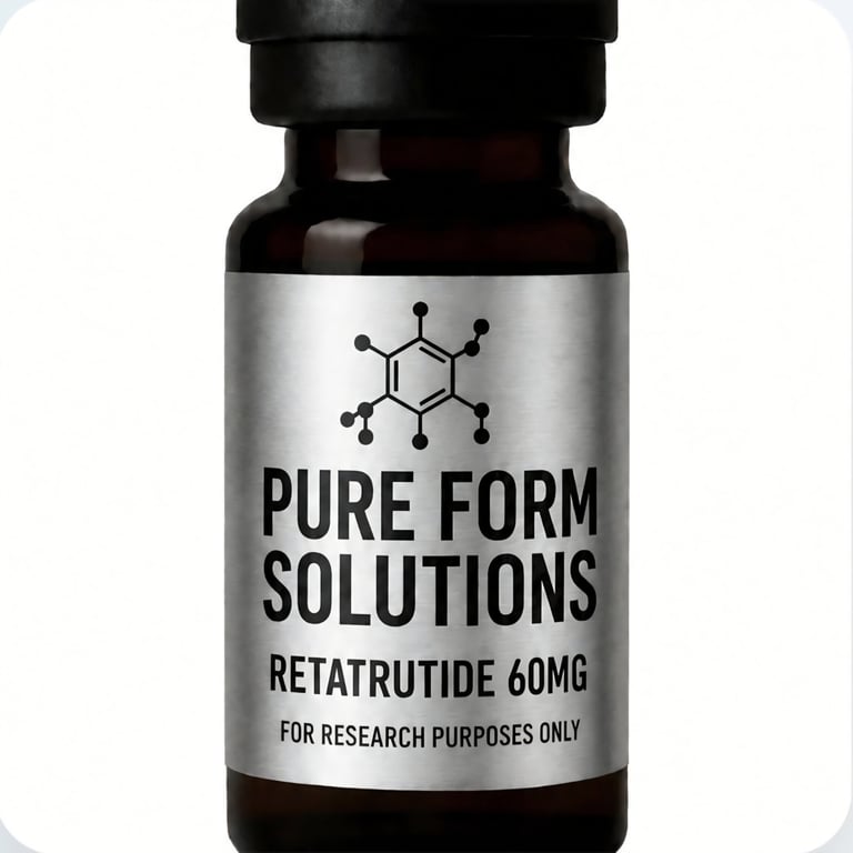 Dark glass bottle with Pure Form Solutions label showing Retatrutide 60mg, labeled for research purposes only