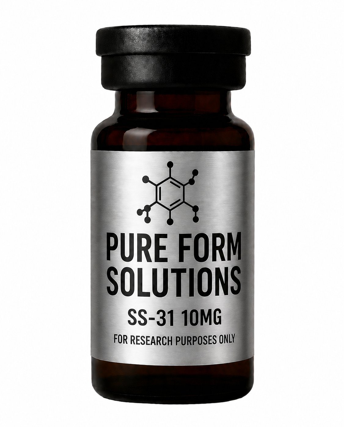 Dark amber glass bottle labeled Pure Form Solutions SS-31 10MG with black cap, marked for research purposes only