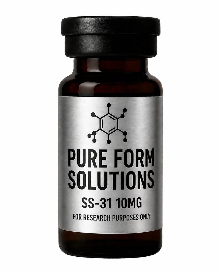 Dark amber glass bottle labeled Pure Form Solutions SS-31 10MG with black cap, marked for research purposes only