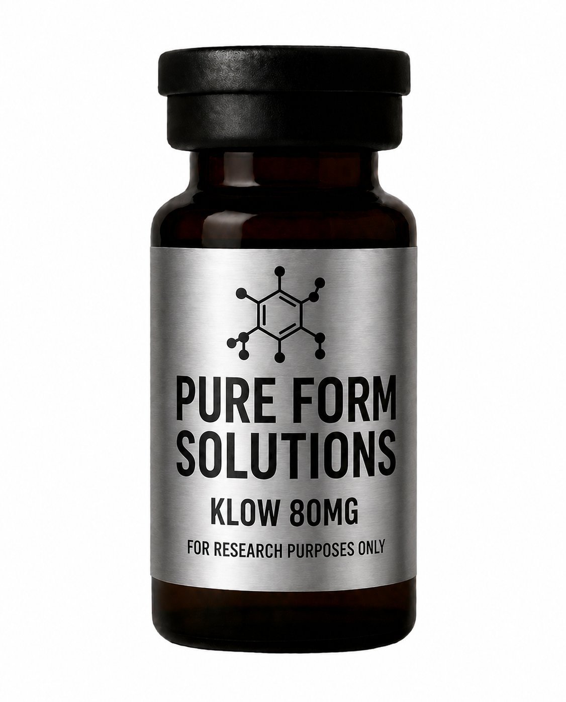 Dark brown glass bottle with silver label reading Pure Form Solutions Klow 80mg for research purposes only