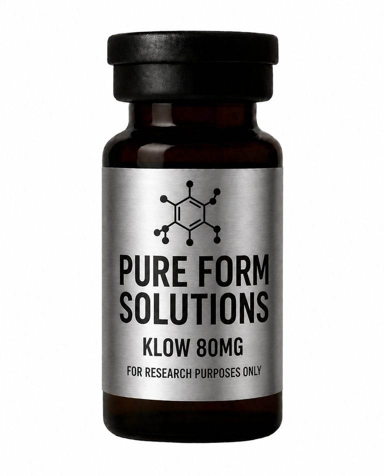 Dark brown glass bottle with silver label reading Pure Form Solutions Klow 80mg for research purposes only